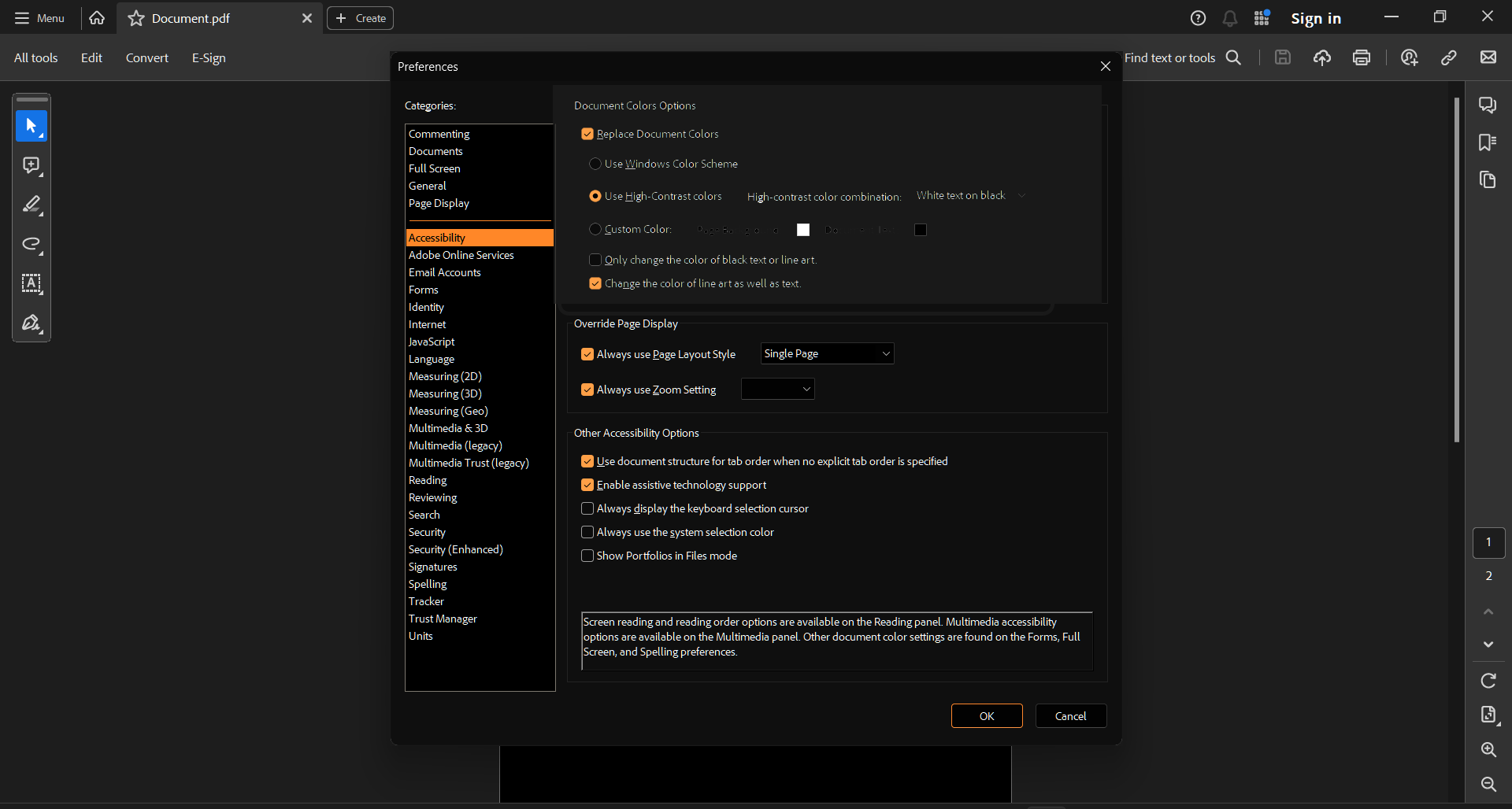 Replace Document Colors in Acrobat Reader: Preferences > Accessibility. "replace document colours in adobe acrobat reader"