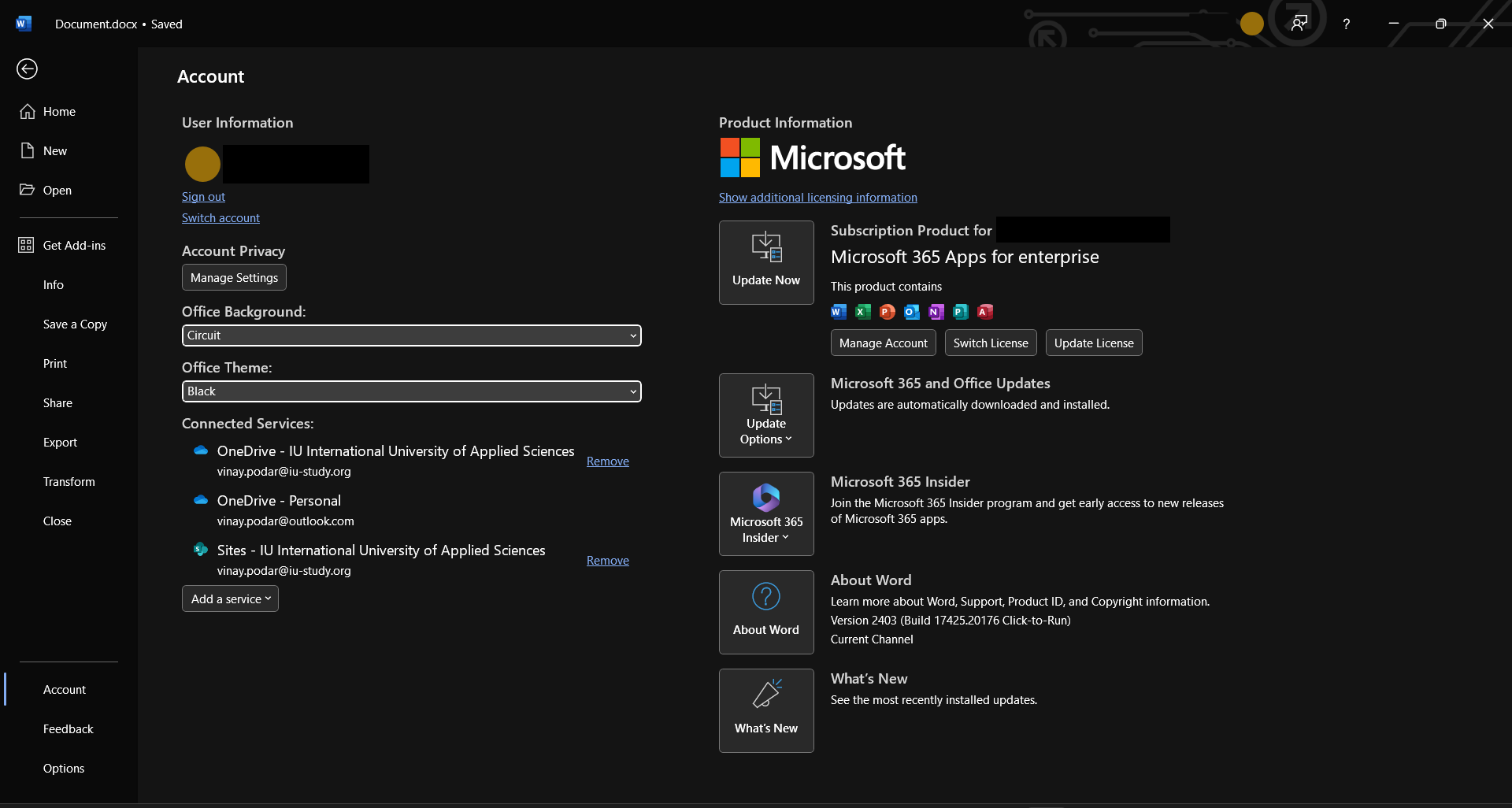 Themes in Office suite: File > Account "themes in microsoft office"